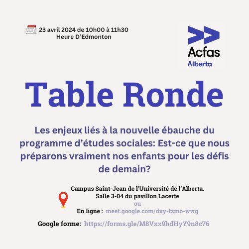 Ce mardi 23 avril 2024, nous vous invitons à notre table ronde, où nous allons explorer les enjeux liés à la nouvelle ébauche du programme d’études sociales: est-ce que nous préparons vraiment nos enfants pour les défis de demain?
Lien d’inscription : forms.gle/M8Vxx9hdHyY9n8…