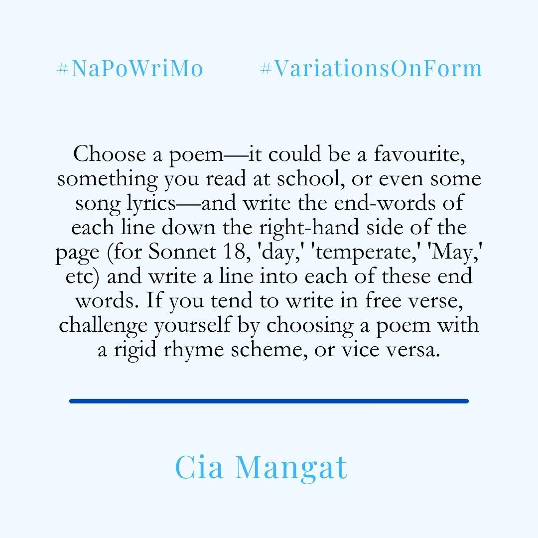 Happy #NaPoWriMo! The challenge to write a poem every day of April is well underway and to help you on your journey The Poetry Society will be providing a prompt each day - today's is from Cia Mangat! More resources here: bit.ly/NaPoWriMo24