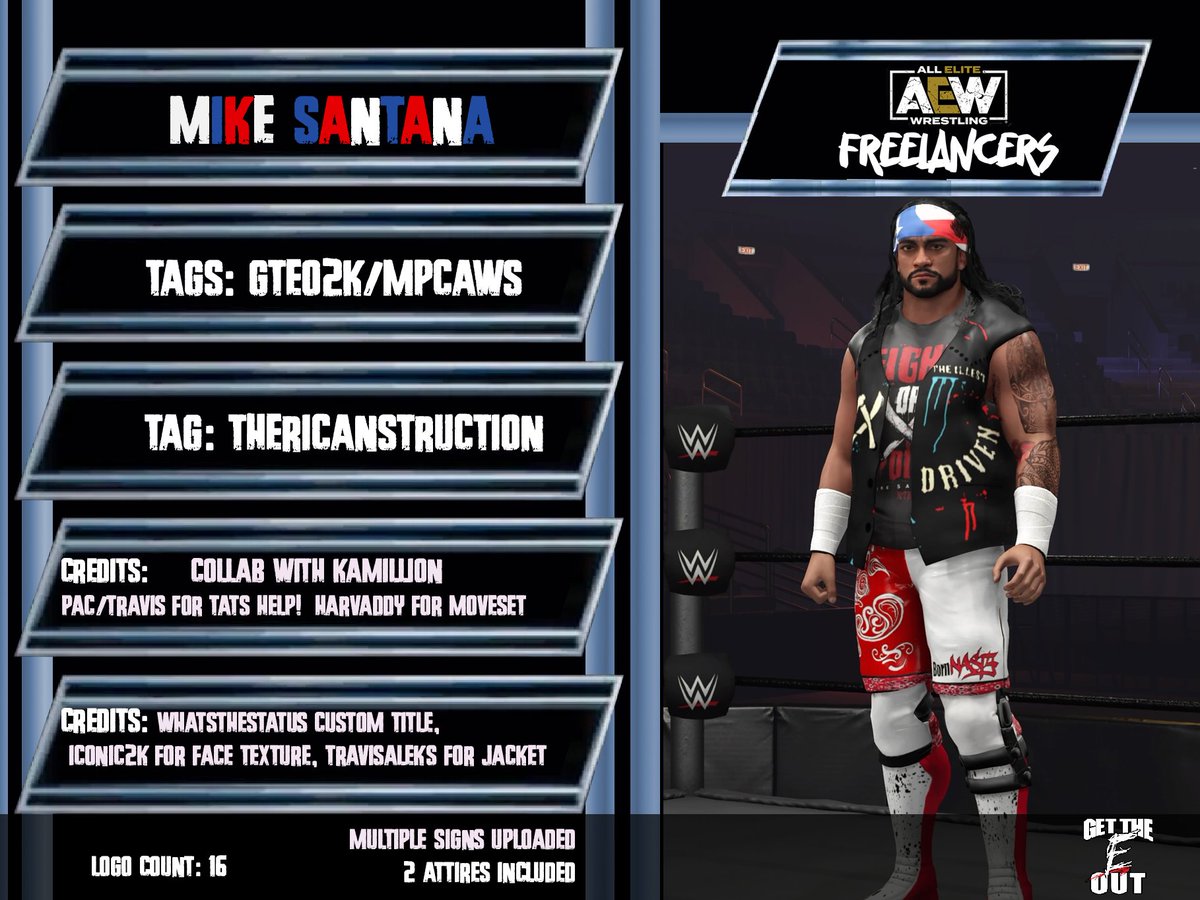 #theRICANstruction is upon us. Mike Santana (@Santana_Proud) is now uploaded on #WWE2K24 a collaboration with @Kamillion2k who nailed the gear! Moveset by @HarvAddy @Iconic2k for face texture @Defract for chest tattoo @WhatsTheStatus custom title entrance @travisalekz for