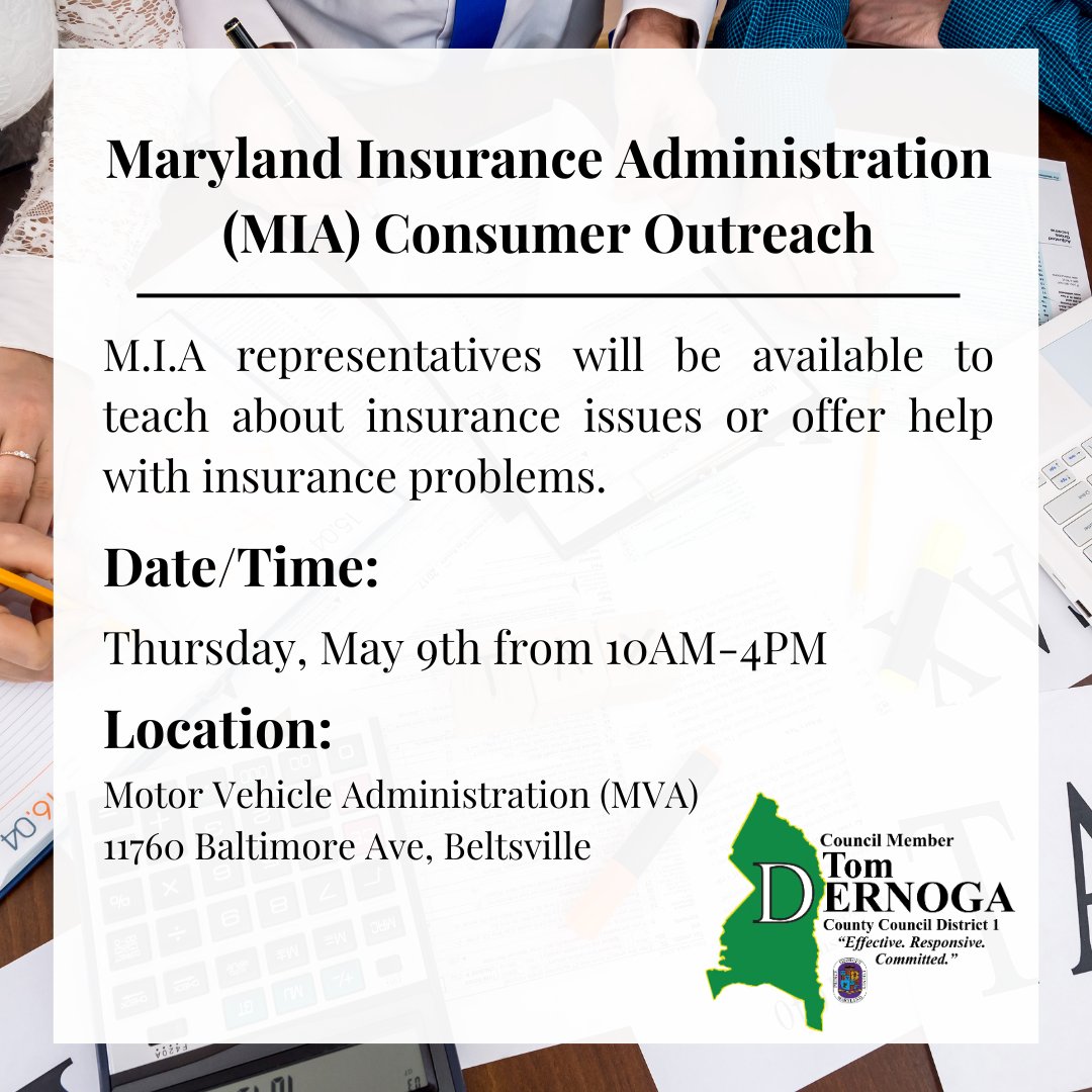 .@MD_insurance will be on site at the #Beltsville MVA on Thurs, May 9 from 10AM-4PM. They will help residents answer any #insurance-related questions.