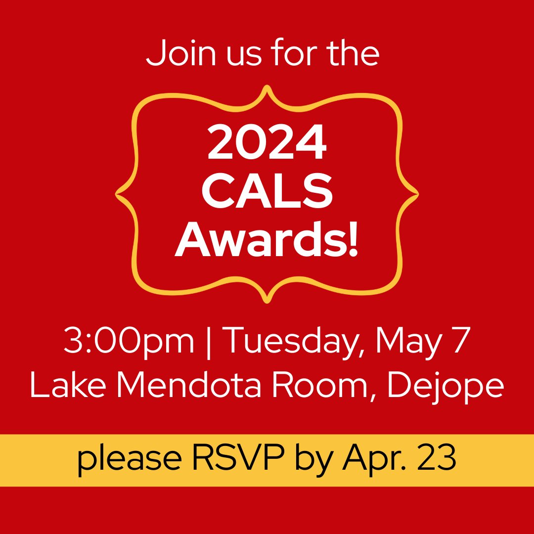 Today is the LAST DAY to RSVP for the 2024 CALS Awards! The entire CALS community is invited to celebrate our awardees on May 7. RVSP now: ecals.cals.wisc.edu/2024/03/18/cal…
