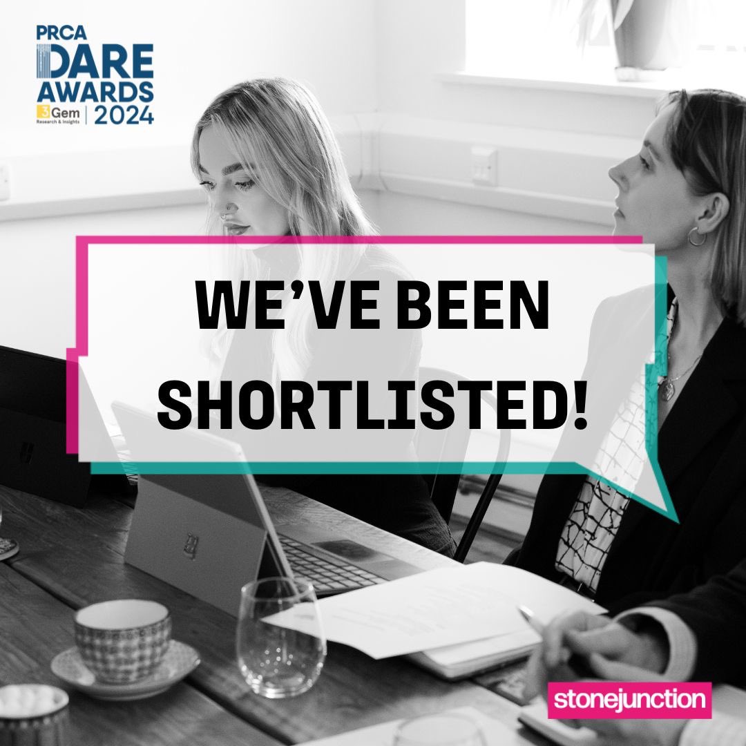 StoneJunctionPR's tweet photo. A brilliant end to the week with SIX @PRCA_HQ DARE award shortlists — including best #B2B campaign, event of the year and outstanding #PRconsultancy 🏆✨ https://t.co/MiK1PZ0w0Z