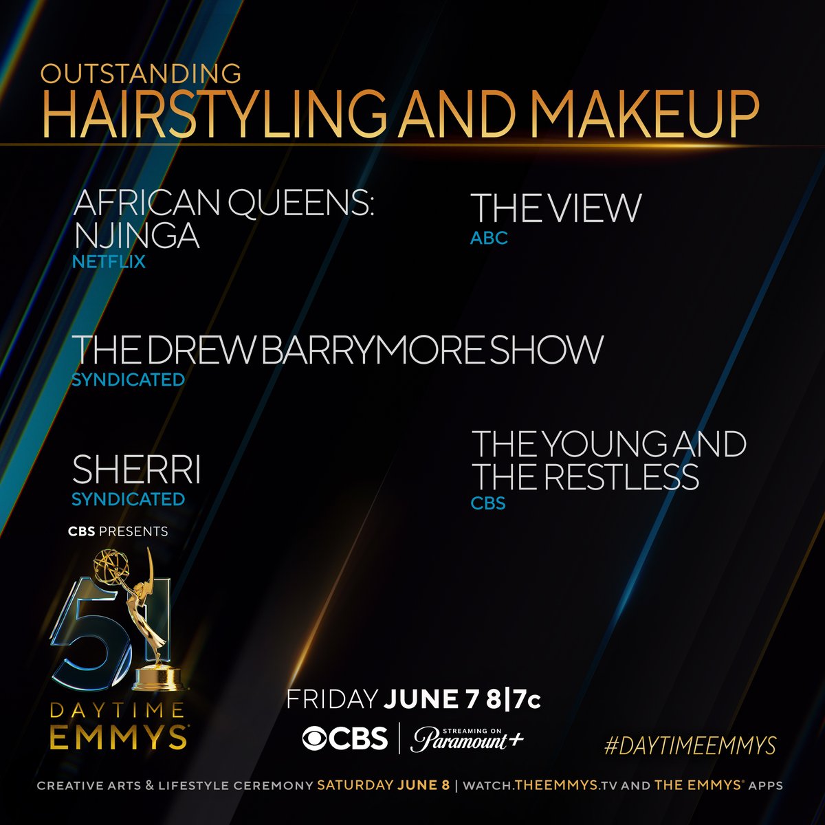 Here are the #DaytimeEmmys Nominees for: - Art Direction/Set Decoration/Scenic Design - Costume Design/Styling - Hairstyling and Makeup