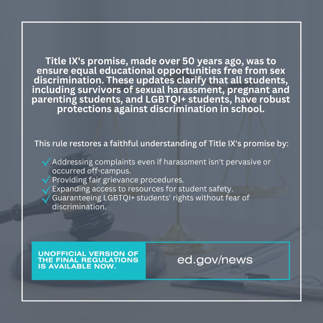 📢NAESV Applauds the Release of the New Title IX Rule to Prevent Harassment in Schools. The Dept. of Education @usedgov has unveiled new Title IX regulations, a monumental step towards fostering supportive spaces for survivors to seek justice and support.