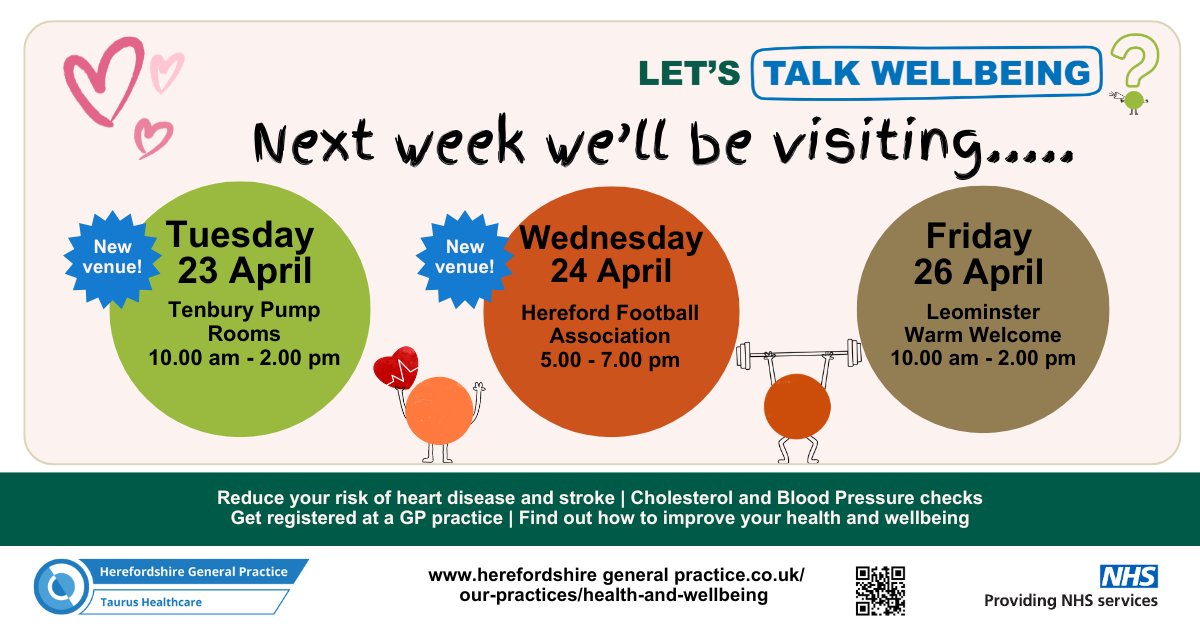 Our Talk Wellbeing team will be out and about again next week, with new opportunities to meet our team in Tenbury and at Hereford Football Association. We'll also be back at Leominster Warm Welcome! See below for full details or visit our webpage: herefordshiregeneralpractice.co.uk/health-and-wel…