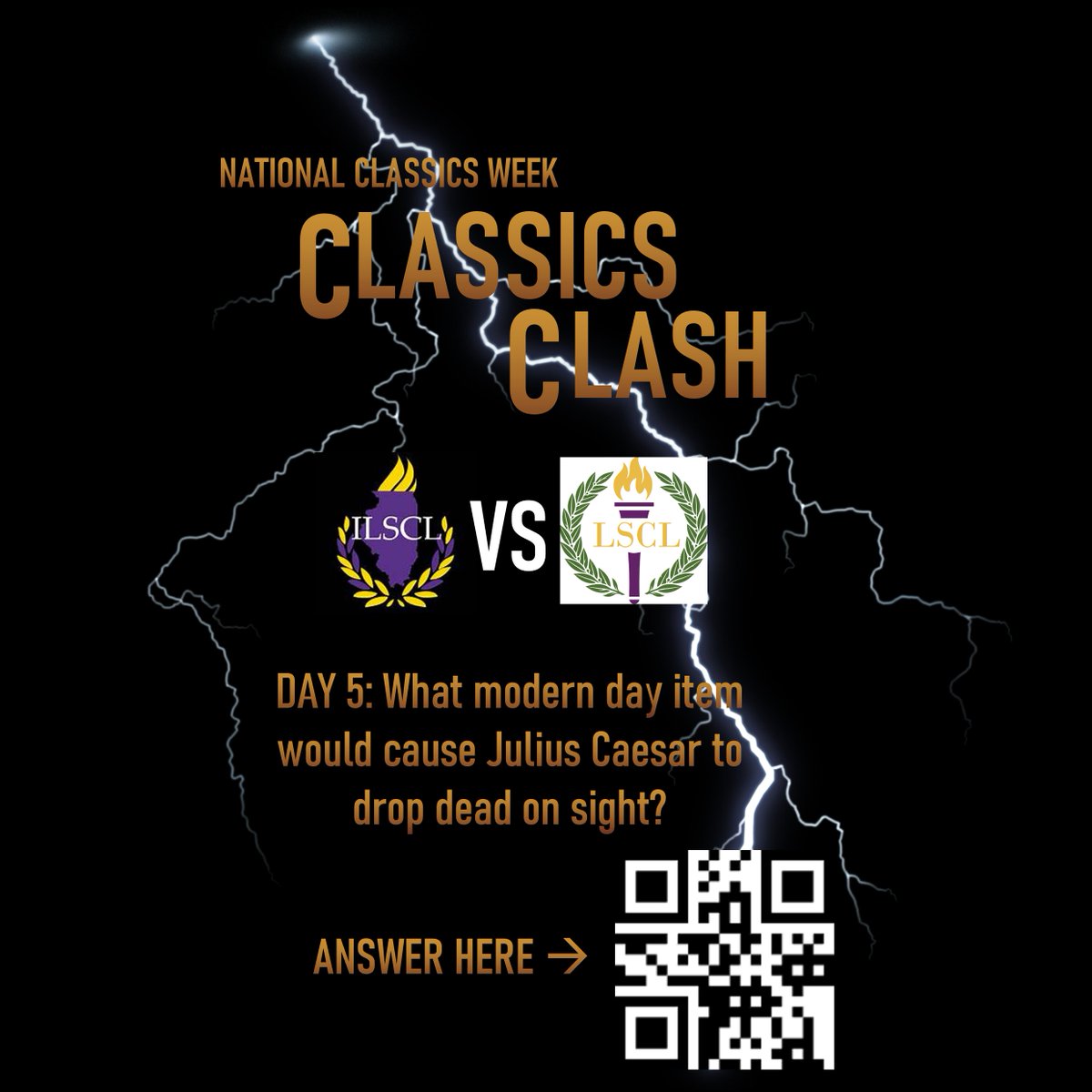 LouisianaSCL's tweet photo. Day 5 here!

What modern day item would cause Julius Caesar to drop dead on sight?

You can find today's survey and previous surveys in our bio and at this QR code. Remember our debate TOMORROW on Zoom at 5pm CST! All states are welcome to join! https://t.co/rRSDpWSLOd
