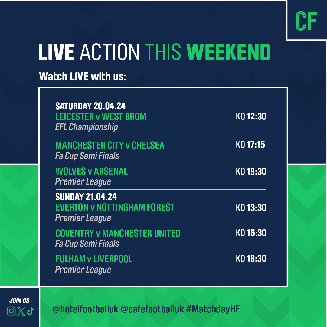 hotelfootballuk's tweet photo. BIG weekend incoming at Cafe Football!📺🍻
Not one, but TWO #Manchester teams in the FA Cup semi-finals, along with a bunch of other great football games... what more could you want?😱
Who's joining us?👀
#cafefootball #sport #sportsbar #football #oldtrafford #hotelfootball https://t.co/VyyVtpF9uk