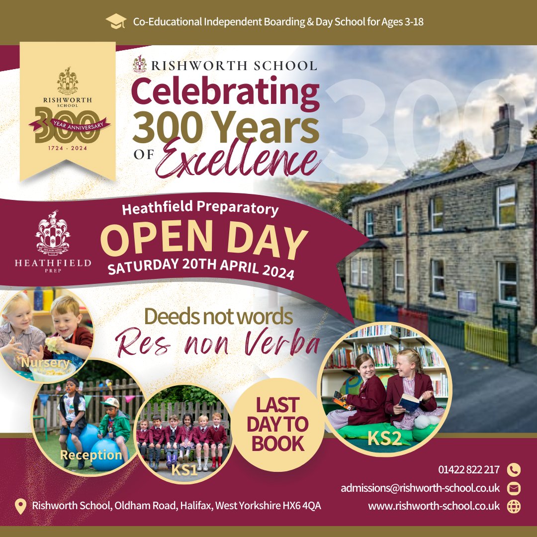 🎈 Heathfield Prep's Open Day is tomorrow!

Today is your last opportunity to book onto our Spring Open Day Event at Rishworth School's outstanding Preparatory School, Heathfield Prep! 

➡️ To come along, please register here: bit.ly/3VVrVVE

#openday #heathfieldprep