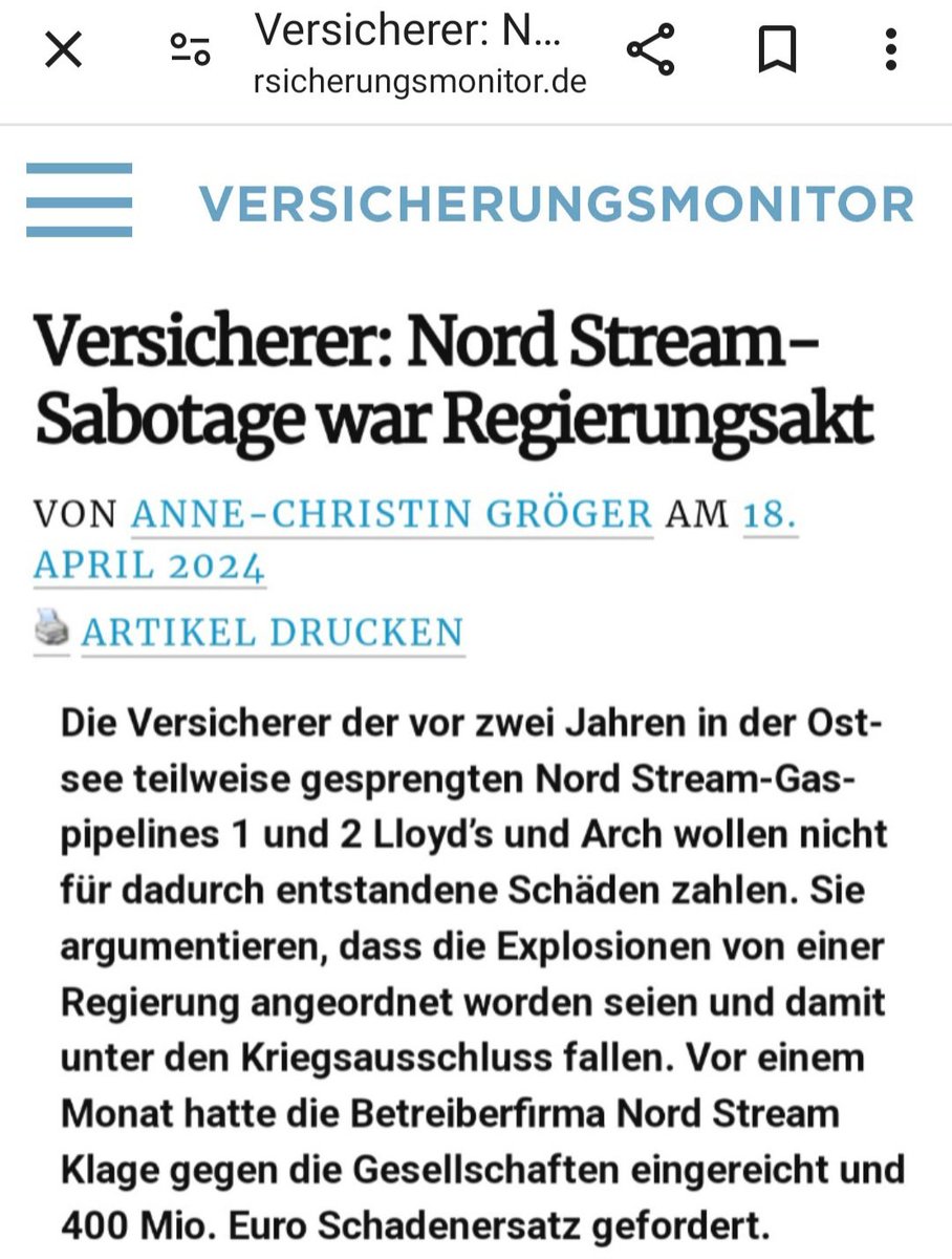 HAMMER:
Die Versicherungen der #Nordstream-Plattformen wollen für die Zerstörung der Pipelines NICHT ZAHLEN.
Sie begründen das damit, dass die Explosionen von einer REGIERUNG angeordnet worden seien und damit unter den Kriegsausschluss fallen.
Von WELCHER Regierung sagten sie