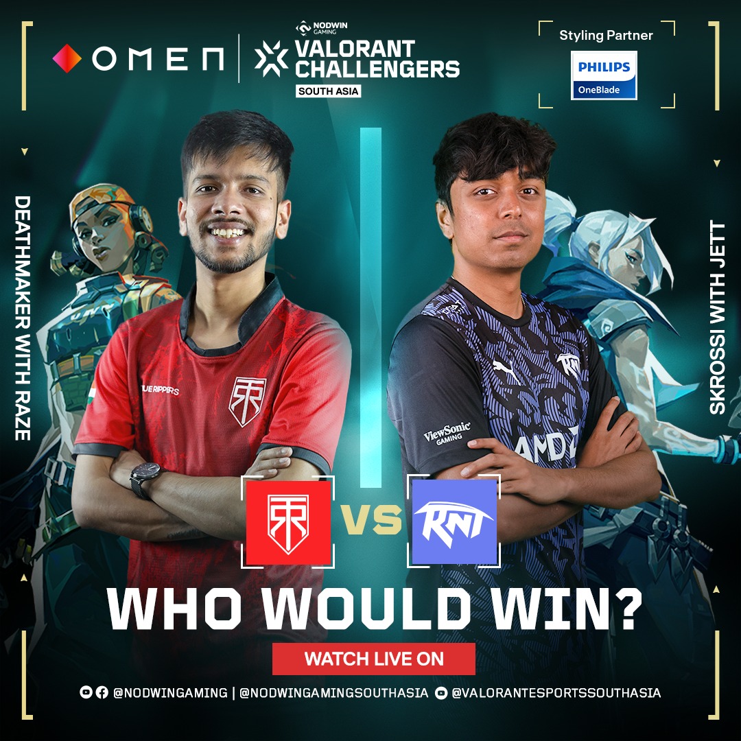 NodwinGaming's tweet photo. A battle of duelistsπ₯ Rossi with Jett or DM with Raze! Who do you think will win?π₯
.
.
#VCSA2024 #vcsa #nodwingaming #OMENIndia #riot #philipsoneblade #valorant #tournament #gaming #southasia #deathmaker #SKRossi #Raze #Jett https://t.co/I0IL7tjjNn