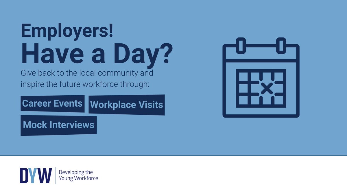 Could you inspire the future workforce through career events, workplace visits, mock interviews and more? In just one day, you can help young people develop skills needed for the world of work. Learn more: dyw.scot #ConnectingEmployers #DYWScot