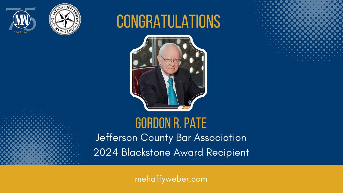 Congratulations to Shareholder Gordon Pate who is being awarded the 2024 Blackstone Award by the #JeffersonCounty Bar Association. He will be presented with the #award at the Law Day Awards Ceremony on May 3, 2024. #lawyer #CommercialLaw