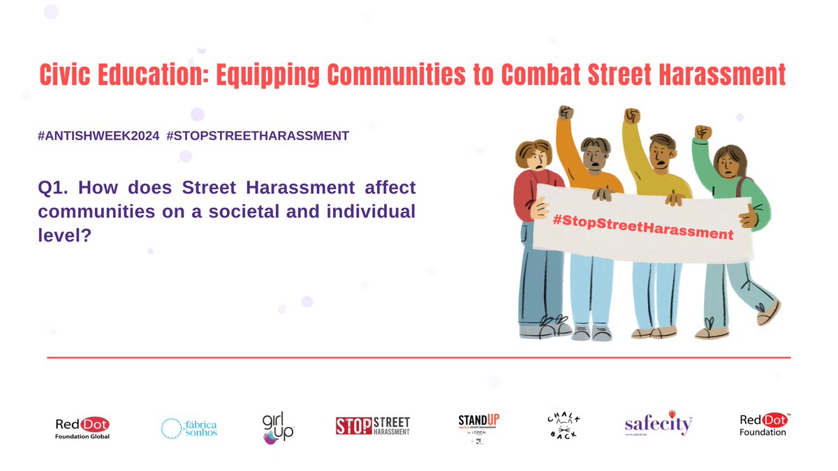 Let’s begin with the first question.
1. How does Street Harassment affect communities on a societal and individual level?

- You can tweet your answers with the question number (e.g. A1, A2, A3) 
- Use the hashtag #AntiSHWeek2024
#Safecity #RedDotFoundation
