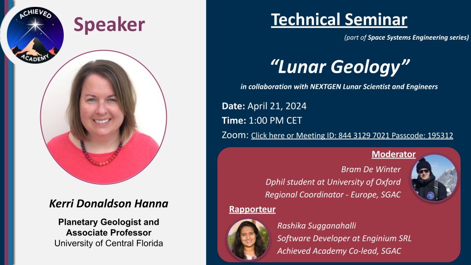 🌕 Join us at ACHIEVED Academy's Technical Seminar [Lunar Geology] in collaboration with NEXTGEN Lunar Scientists & Engineers! 🚀 Explore the formation & evolution of the Moon, lunar terranes, volatiles, & more! Open to all! #SpaceSystems #LunarExploration