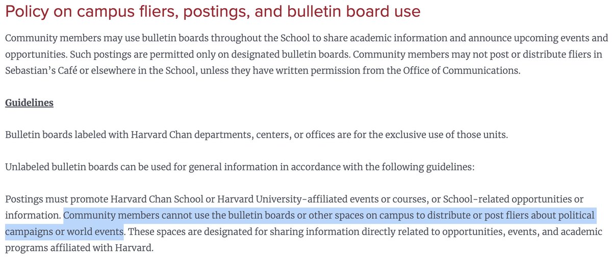 Yesterday, @HarvardChanSPH changed policies to prevent students from handing out fliers 'about political campaigns or world events.' Clearly in response to fliers asking Harvard to divest. Ironically, the school's slogan is 'powerful ideas for a healthier world'