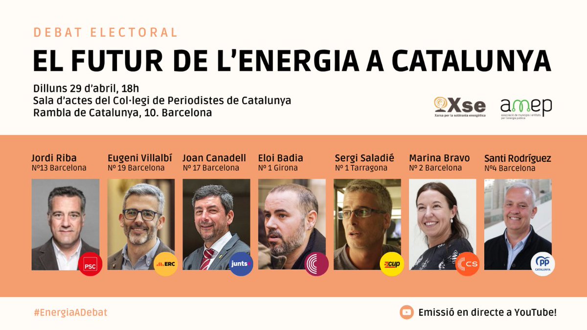 DEBAT ELECTORAL 💥 El futur de l’energia a Catalunya #EnergiaADebat Les eleccions arriben en un moment en què iniciatives públiques sobre #TransicióEnergètica han quedat aturades. Què proposa cada partit? 👥 Organitzem @Amep_cat i @xsecat Vols venir? ✍️ forms.gle/KHVC2Rax1zk3yz…