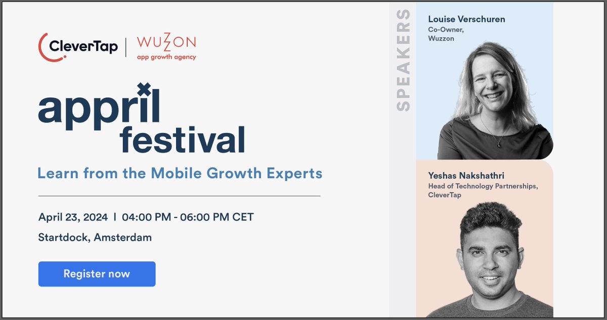 Hello, app heads! We've got a power packed session lined up for you at the #ApprilFestival in Amsterdam. 🚀 Join Yeshas Nakshathri from CleverTap and Louise Verschuren from Wuzzon as they guide you through the 'App Growth Blueprint'. 📈 bit.ly/3JjFd6F