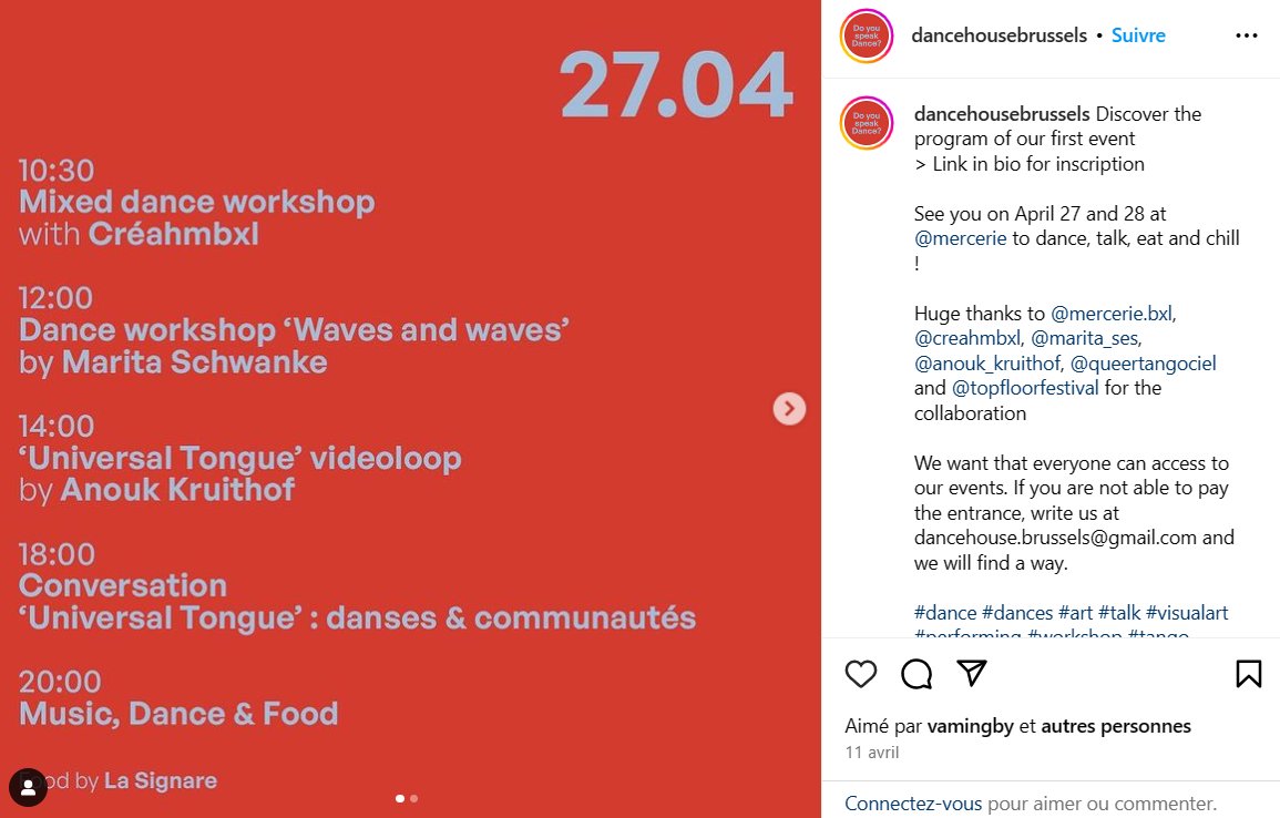 ➡ RDV le samedi 27/4 à 18h à la Mercerie!
➡ <a href="/ver_elo/">Elodie Verlinden</a>  interviendra lors de cet événement durant la "Conversation Do you speak Dance? / Universal Tongue: danses &amp; communautés" aux côtés de Béatrice Josse, Anouk Kruithof, Massinda Zinga et Olivia Ardui
universaltongue.com