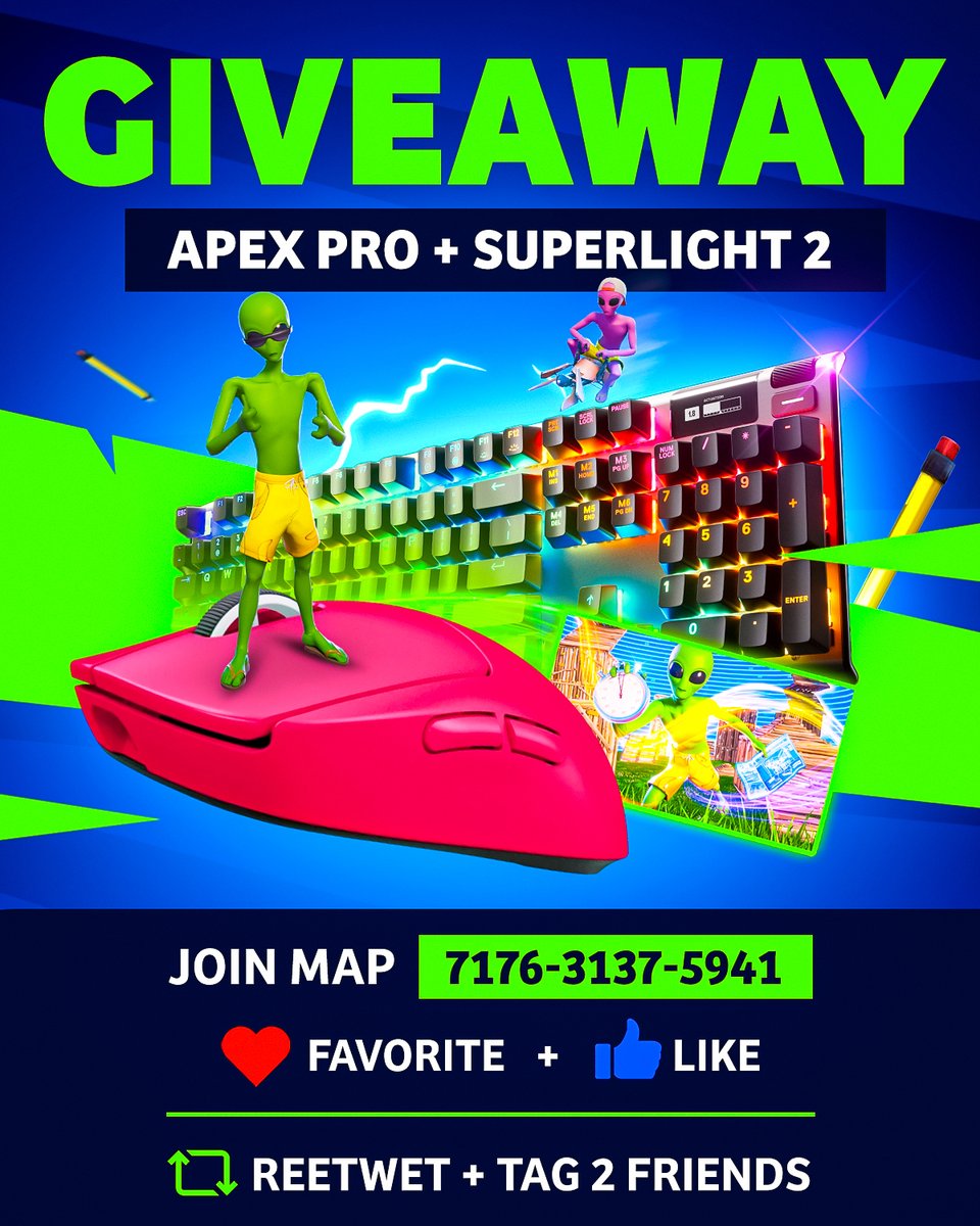 Giveaway 🏆 1x Logitech GPRO SUPERLIGHT 2 🖱️ 1x Steelseries Apex Pro TKL ⌨️ Like & retweet, tag 2 friends and comment proof of favoriting the map ❤️ Code: 7176-3137-5941 or THE ZONE WARS GOOD LUCK in FNCS 🗿