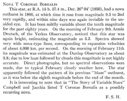 February 1946: The Journal of the @RASC note about the recent outburst of T Coronae Borealis ui.adsabs.harvard.edu/abs/1946JRASC.…