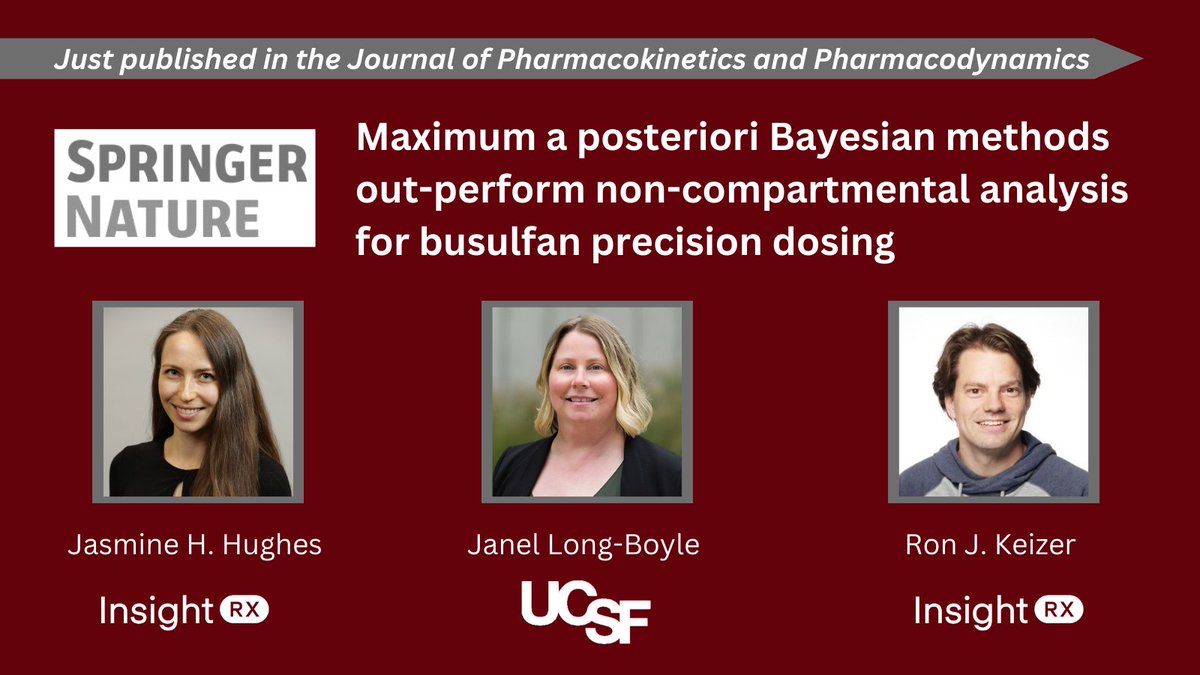 New research on precision dosing published in the Journal of Pharmacokinetics & Pharmacodynamics, with InsightRX’s @Jas_Hughes & @ronpirana as two of the study’s authors! 
Read it via @SpringerNature: bit.ly/4a3bdrr | #ModelInformedPrecisionDosing #BayesianMIPD #Busulfan