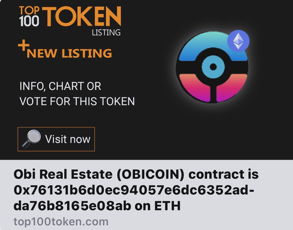 Obirealestate's tweet photo. Top 100 New Listing 🎉 #BitcoinHalving #crypto #obicoin https://t.co/qPEhEdCZRU