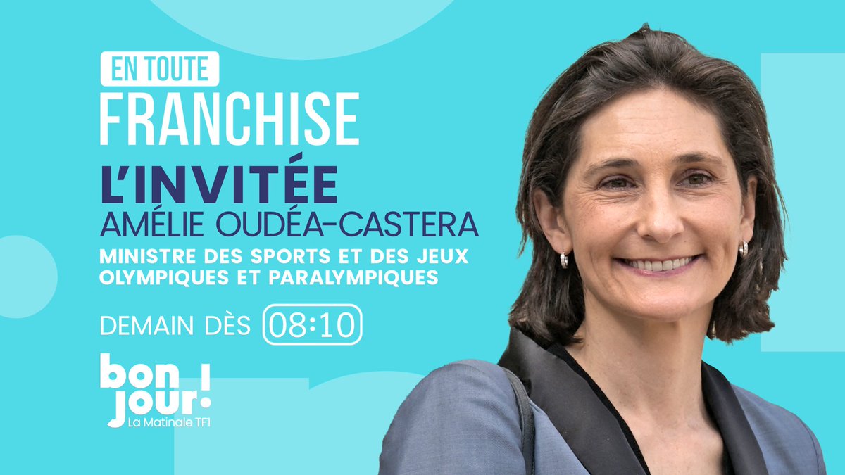 🔴 𝐃𝐞𝐦𝐚𝐢𝐧

🗣️ L'invité d'𝐄𝐧 𝐓𝐨𝐮𝐭𝐞 𝐅𝐫𝐚𝐧𝐜𝐡𝐢𝐬𝐞avec Adrien Gindre (@agindre) sera Amélie Oudéa-Castera (@AOC1978), Ministre des Sports et des Jeux olympiques et paralympiques.

⏰ Interview #EnTouteFranchise à retrouver à 8h10 dans #BonjourLaMatinaleTF1