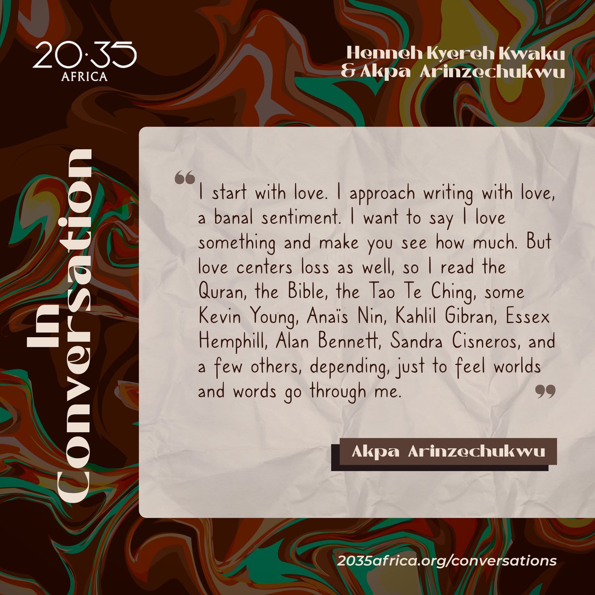 20_35Africa's tweet photo. “I start with love. I approach writing with love, a banal sentiment. I want to say I love something and make you see how much…”

- Àkpà Arinzechukwu (@akpaah ).

Read here: 
https://t.co/GuL9T1pJZE https://t.co/rVhLURIf5l