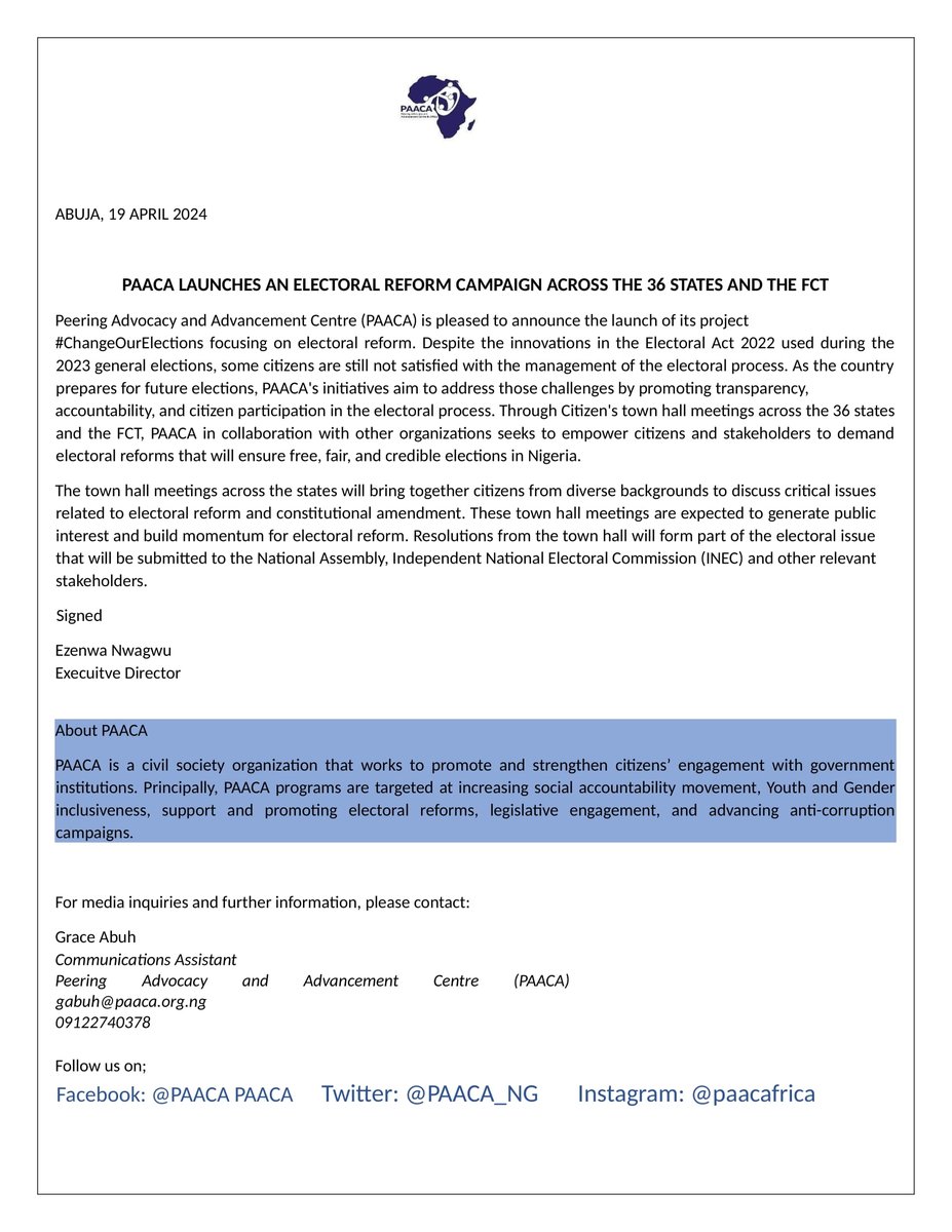 📢 PAACA launches #ChangeOurElections campaign! 

 Join us as we advocate for electoral reform across Nigeria, ensuring transparency and citizen participation in our democracy. Together, let's shape the future of our elections! #PAACA #ElectoralReform #Nigeria