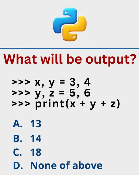 Python Question / Quiz;

What is the output of the following Python code, and why? 🤔🚀 Comment your answers below! 👇

#python #programming #developer #morioh #programmer #coding #coder #webdeveloper #webdevelopment #pythonprogramming #pythonquiz #machinelearning #datascience