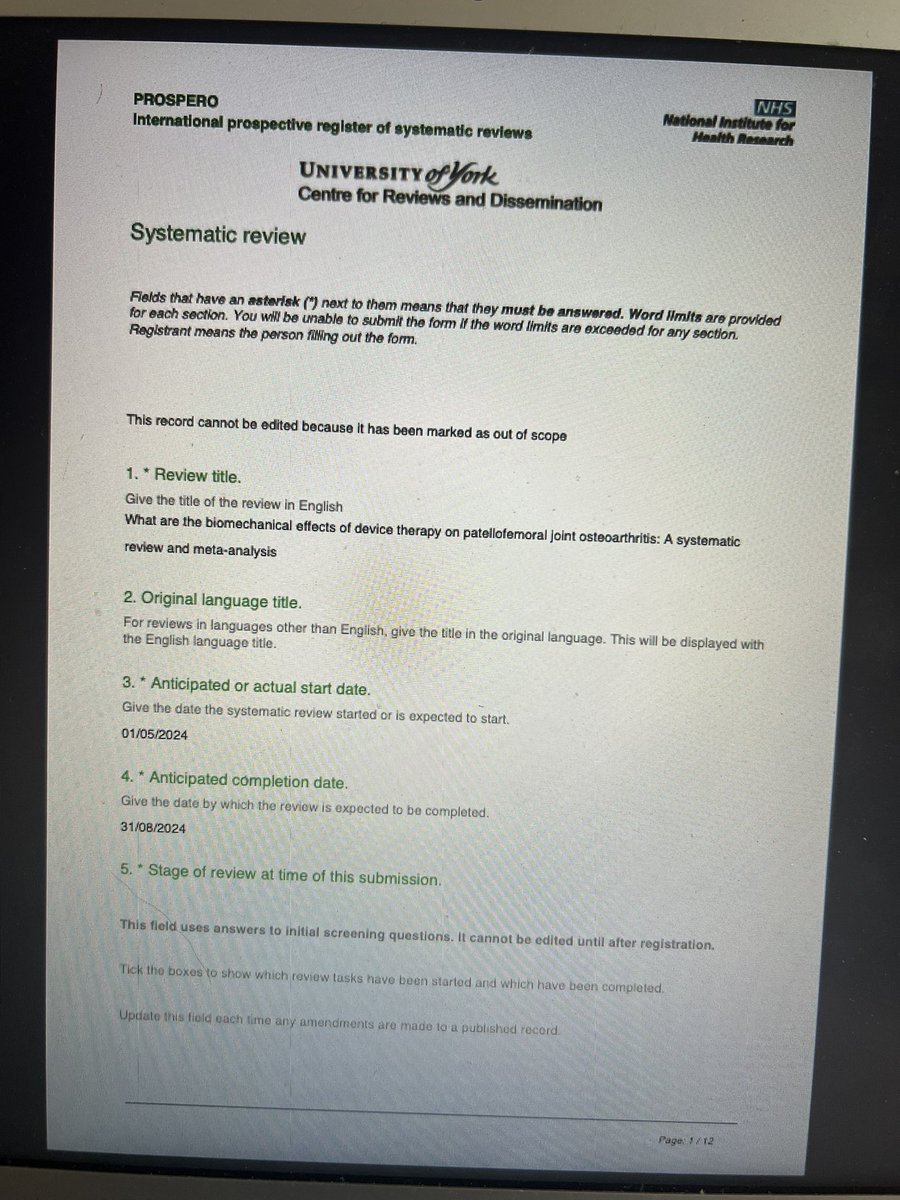Nickdpalmer's tweet photo. PROSPERO systematic review register completed and sent for assessment ✅ https://t.co/u0Vl7G4orm