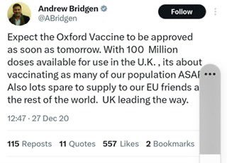 @BarbarasBack In 2021 Bridgen was a Pharma shill, pushing the vaccine as safe/protecting people.