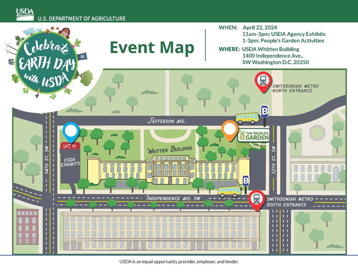 USDA's Earth Day Celebration is happening on Monday, April 22 from 11-3PM ET right outside of the USDA Whitten Bldg. Stop by agency exhibits and participate in fun activities in Lot 11. Then starting at 1PM, head over to the #PeoplesGarden for all things gardening! 

#EarthDay 🌎