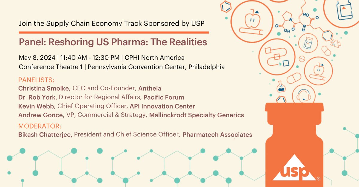 Elevate your impact and join us on May 8th at #CPHINA2024 for an eye-opening panel discussion on 'Reshoring US Pharma: The Realities,' part of the Supply Chain Economy track sponsored by USP! ✅ Secure your spot today: ow.ly/gGlO50Rf08F. #USHealthcare #MedicineAccess