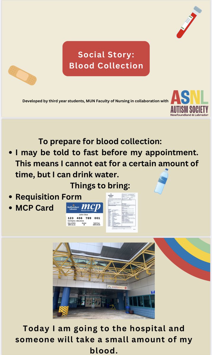 shoutout to 3rd year nursing students Abigail, Sara, and Kaitlyn for crafting invaluable blood collection and Janeway emergency social stories. 🩸🚨  Big thanks to Dr. Allison Lamond for her support! Check it out
Link: asnl.ca/social-stories/
