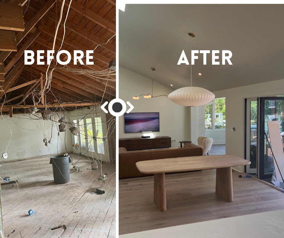 Living room makeover complete. ‣ Enclosed screen porch into sun room ‣ Added accordion exterior door to deck ‣ Added three skylights to bring in light ‣ New hardwood floors throughout This is just a small part of a much larger 7 month entire home reno project.