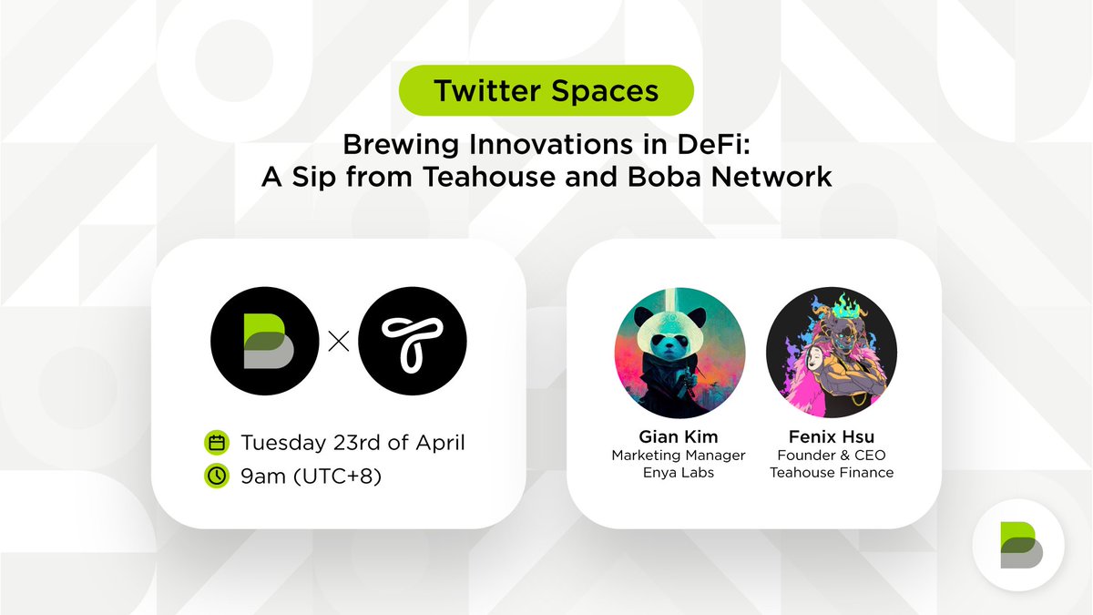 🧋 Hop on a Tea Spaces with @TeahouseFinance discussing: 'Brewing Innovations in DeFi' on Monday, April 22nd @ 5PM PST. Save the date 👇 twitter.com/i/spaces/1ZkKz…