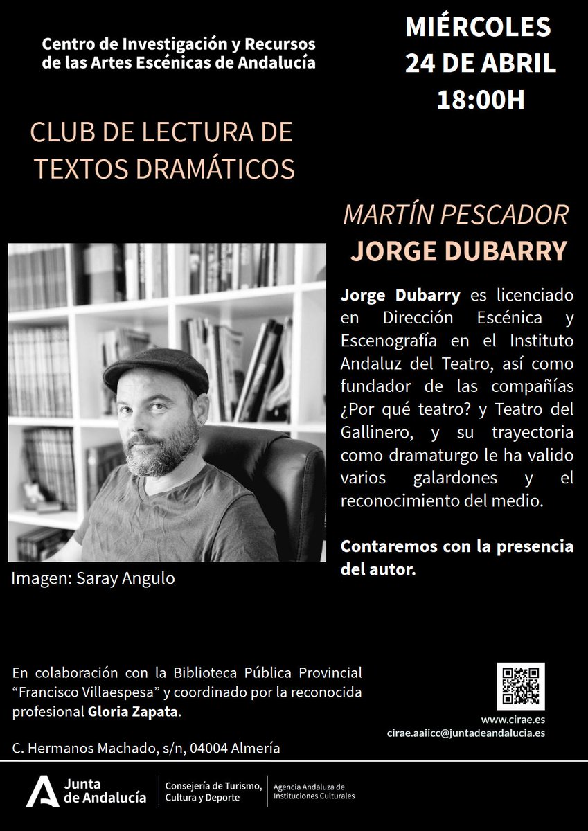 Nueva lectura en el Club de lectura de textos dramáticos: La alegría, El monte, Martín Pescador y Trágica farsa del discreto enamorado (con CIRAE) 📆24 abril🕕18 h Info: informacion.bp.al.ccul@juntadeandalucia.es #animaciónlectora #clubesdelectura #clubdelectura #leeteatro