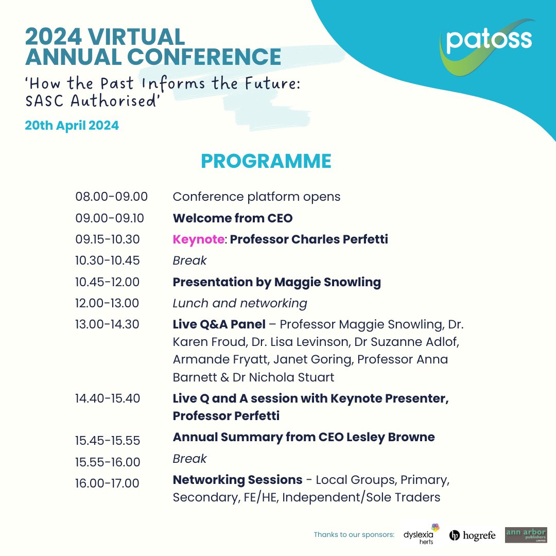 Timings for tomorrow’s Conference! 

📆 Saturday 20th April 2024, 8:00am-5:00pm

🌐 Find out more: shorturl.at/jxzA6

#patossconference #patossconference2024 #dyslexiaawareness #patossdyslexia #spld #dyslexiaconference #teachers #senco #dyscalculiaawareness