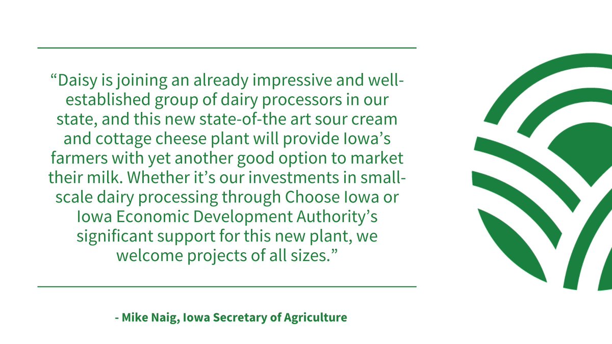 Daisy’s announcement is a dollop of good news for the city of Boone, the State of Iowa and our state’s dairy farmers! Secretary @MikeNaigIA applauds IEDA’s support of Daisy brand’s dairy processing plant in Boone. #IowaAg iowaagriculture.gov/news/daisy-dai…