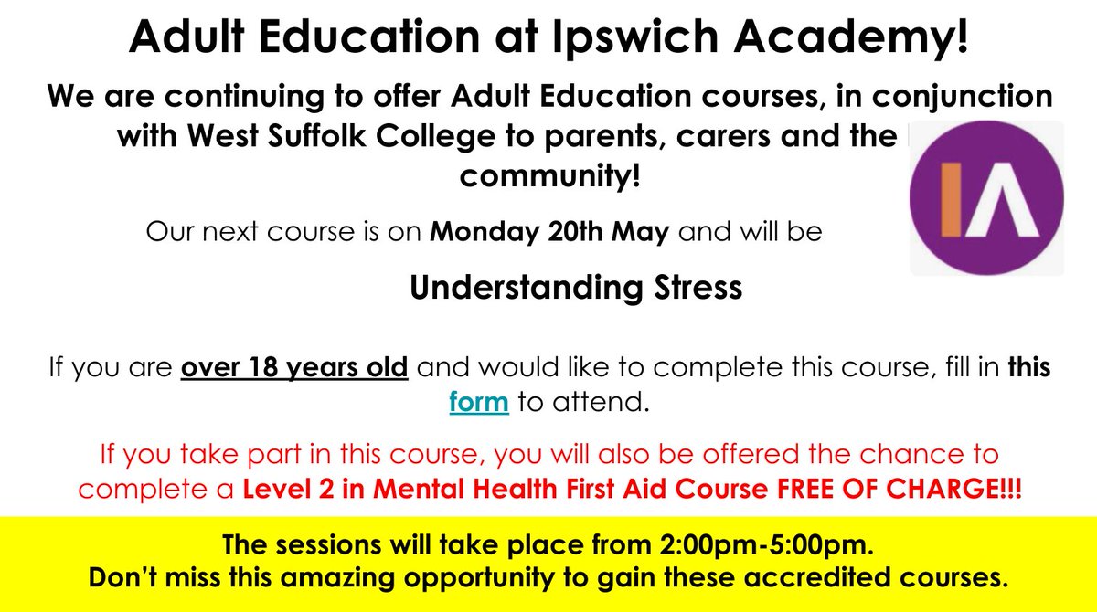 Join us for our next course run by West Suffolk College. If you attend this course, you can gain access to a Level 2 Mental Health First Aid Course FREE OF CHARGE! Applicants must be 18 years or older. Just complete this form if you would like to attend: forms.gle/6s8fKkNJdp7tke…