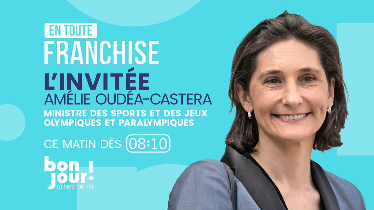 🔴 𝐀̀ 𝐬𝐮𝐢𝐯𝐫𝐞

🗣️ L'invité d'𝐄𝐧 𝐓𝐨𝐮𝐭𝐞 𝐅𝐫𝐚𝐧𝐜𝐡𝐢𝐬𝐞avec Adrien Gindre (@agindre) est Amélie Oudéa-Castera (@AOC1978), Ministre des Sports et des Jeux olympiques et paralympiques.

⏰ Interview #EnTouteFranchise à retrouver à 8h10 dans #BonjourLaMatinaleTF1