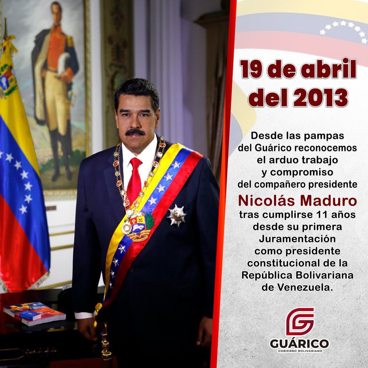 Desde las tierras guariqueñas felicitamos al Presidente @NicolasMaduro, por el trabajo incansable que ha venido realizando en pro de seguir consolidando la Revolución Bolivariana, tras cumplirse 11 años de su primera juramentación. ¡Cuente usted con el pueblo guariqueño!