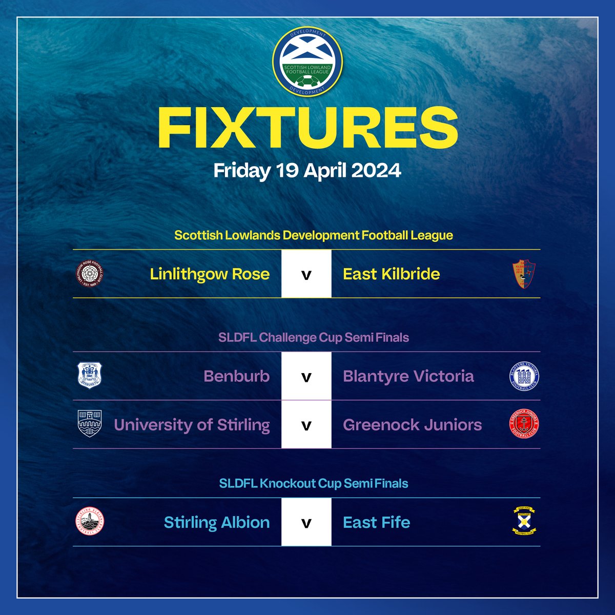 Tonight's matches in the SLDFL, Challenge Cup and Knockout Cup are as follows.