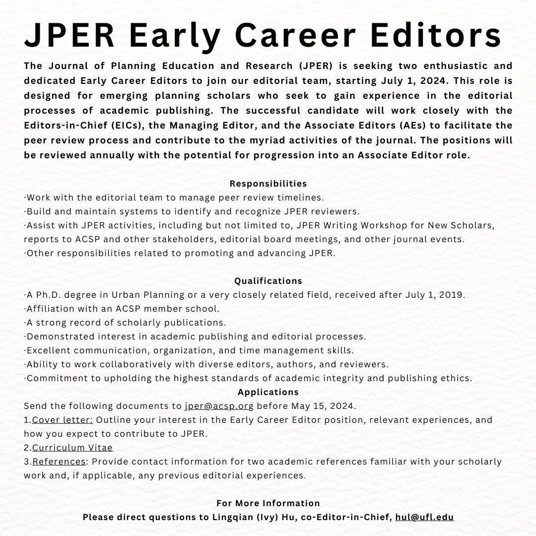 Attention scholars! The Journal of Planning Education and Research (JPER) is seeking two enthusiastic and dedicated Early Career Editors to join our editorial team, starting July 1, 2024. Find more information in the flyer. Share with your colleagues!