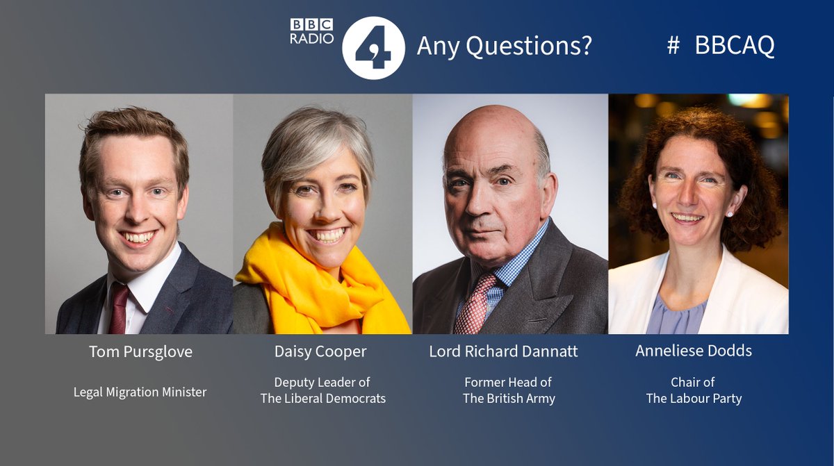 BBCPolitics's tweet photo. On tonight’s Any Questions, @BBCJamesCook is joined in King’s Lynn at St. George’s Guildhall Minster by Daisy Cooper, Lord Richard Dannatt, Anneliese Dodds and Tom Pursglove. #BBCAQ

Listen 8pm Friday / 1.10pm Saturday on @BBCRadio4 on on demand on @BBCSounds. https://t.co/GqFnb6UmOK