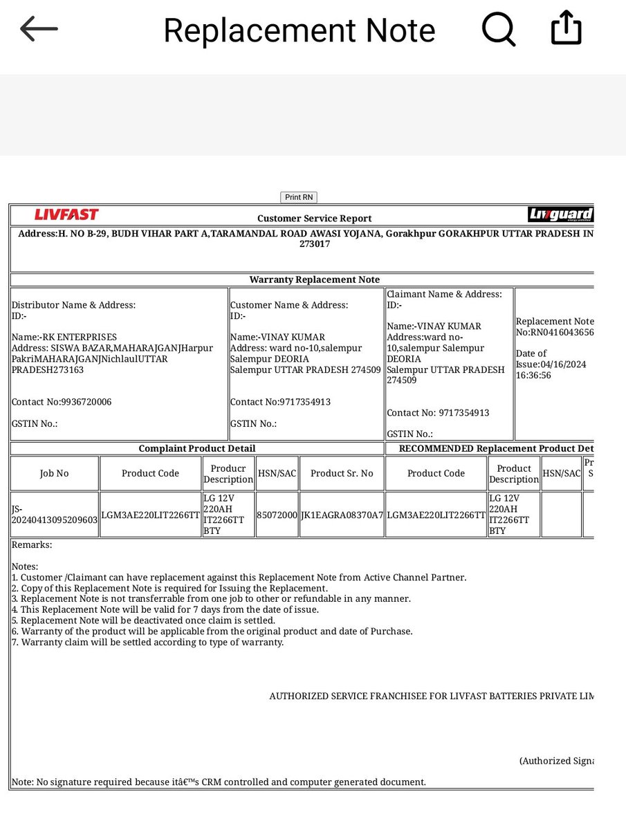 baranwalvinay's tweet photo. @LivguardEnergy 
I have a faulty battery for which a replacement note has been issued. Ironically, the distributor mentioned doesn't work in our locality. I wrote several emails, called Service Incharge but no gain. For my next 5Kv project, I am going to drop Livguard. https://t.co/0hvoSov04X