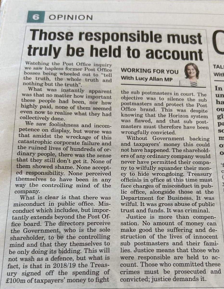 #PostOfficeScandal This is a brilliant piece for the Telford Journal by local MP <a href="/lucyallan/">Lucy Allan</a> 

“Those responsible must be held to account”

She goes on to say ‘Watching the Post Office inquiry this week, we saw hapless former Post Office bosses being wheeled out to “tell the