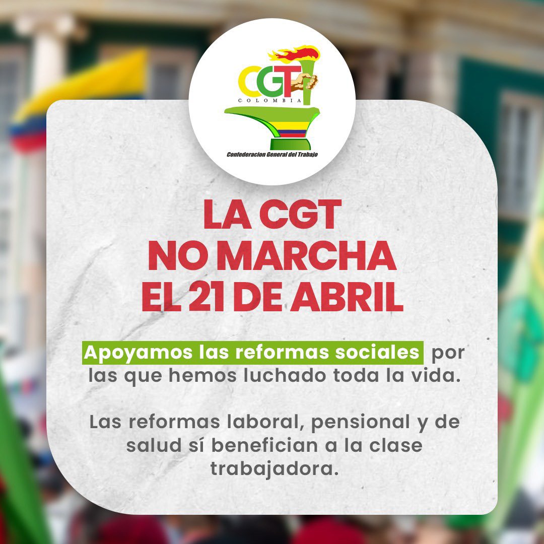 UTRADECC's tweet photo. Que quede claro que la @CGTCol no marchará el próximo 21 de abril de 2024. Nosotros somos parte del #sindicalismoReal y reafirmamos nuestro apoyo incondicional a las reformas sociales que en el futuro nos permitirán vivir en un país con justicia social. @RevistaSemana https://t.co/Hrf6uPpRJ5