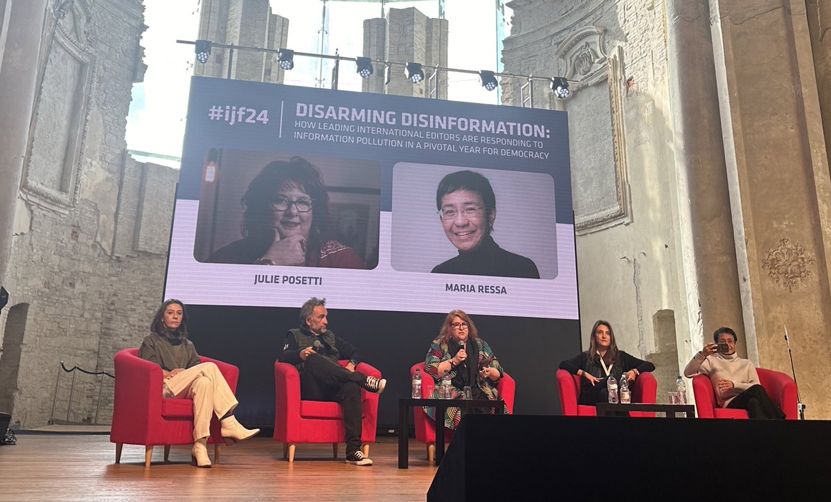 Superb discussion #ijf24 on how leading international editors are handling disinformation & ‘information pollution’ in a pivotal year for democracy. My brilliant client @mariaressa is speaking alongside @camposmello @antelava @brankobrkic; ever-expert moderation by @julieposetti.